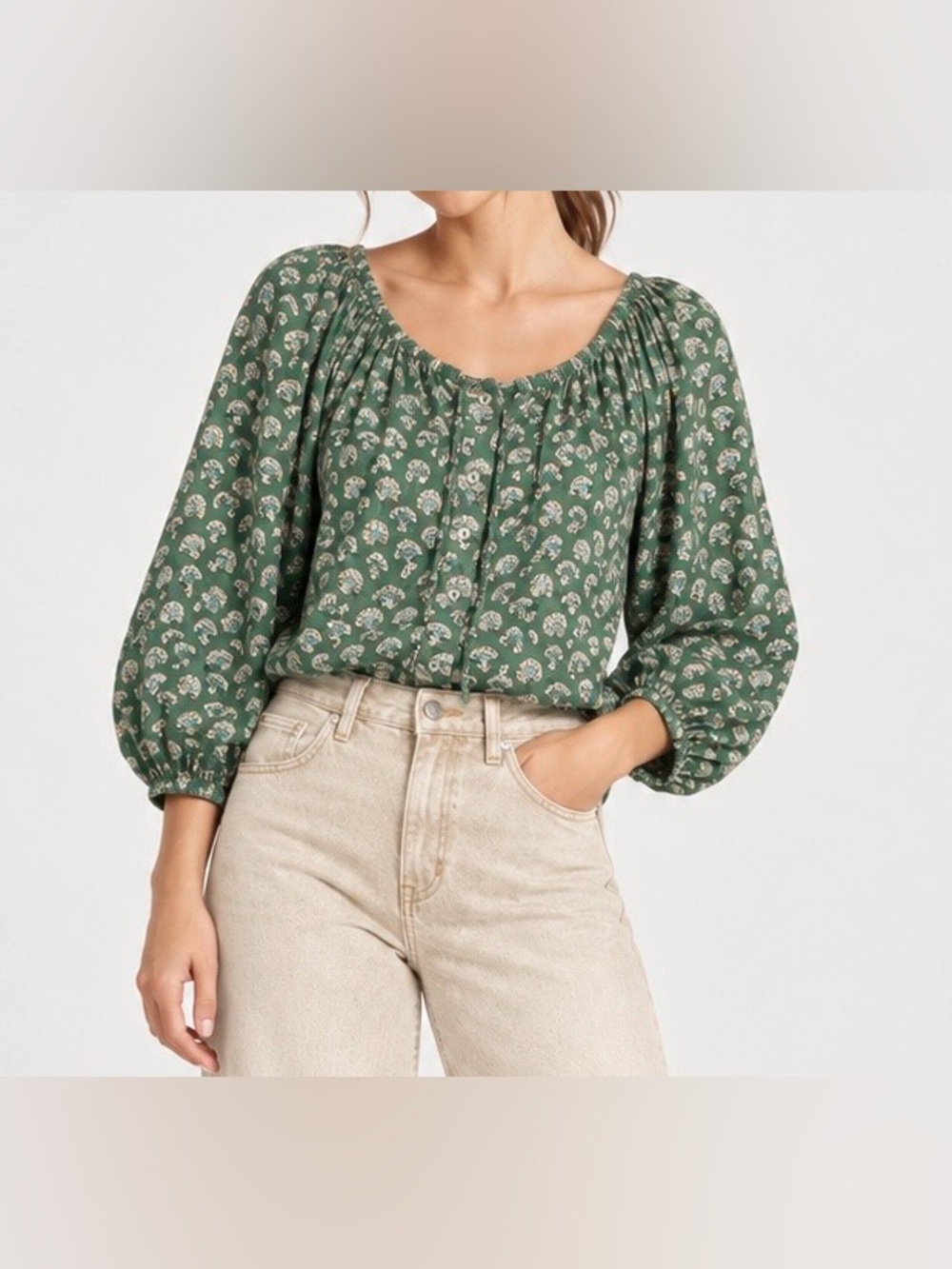 Emerson Fry Green Organic Cotton Button Front Round Neck Blouse S